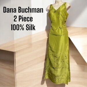 Dana Buchman Vintage Chartreuse Green 2 Piece Silk Set Long Petite Maxi Skirt